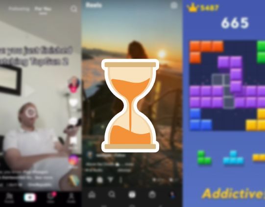 An hourglass over screenshots of addictive apps, such as TikTok, Instagram, or games.