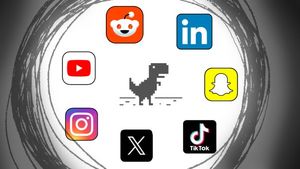 The Chrome dinosaur surrounded by social media apps (Reddit, TikTok, LinkedIn, YouTube, SnapChat, X, Instagram) with a vignette effect.