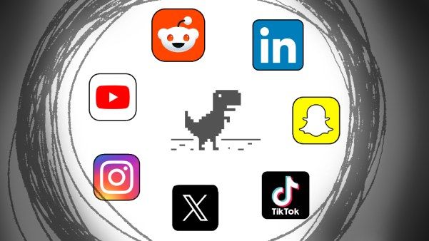 The Chrome dinosaur surrounded by social media apps (Reddit, TikTok, LinkedIn, YouTube, SnapChat, X, Instagram) with a vignette effect.