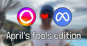 A blurred background of the founder in his home, with the Opal and Meta icons joined by a heart on the foreground, and the text: April's Fools edition
